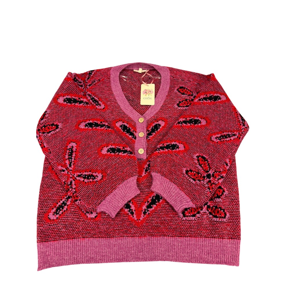 Entro Pink Red Butterfly Heart Intarsia Knit Henley Sweater T21467 Medium New